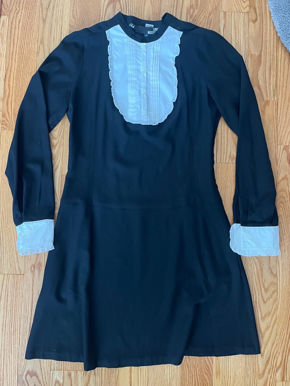 Love Moschino Black Wool Dress White Tuxedo Bib Collar Cuffs